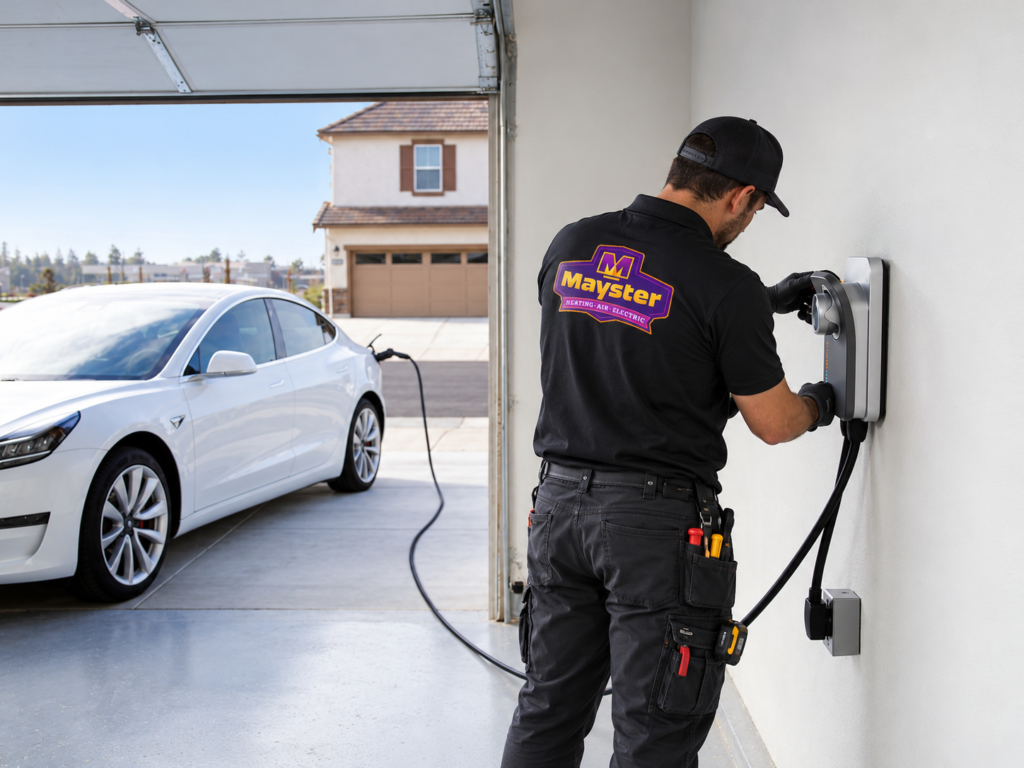 Electrician installing an EV wall charger connected to a parked car during an EV Charger Installation Greater Puget Sound.