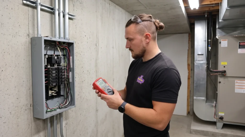 Electrician holds a digital multimeter for precise Electrical Diagnostics Greater Puget Sound testing.
