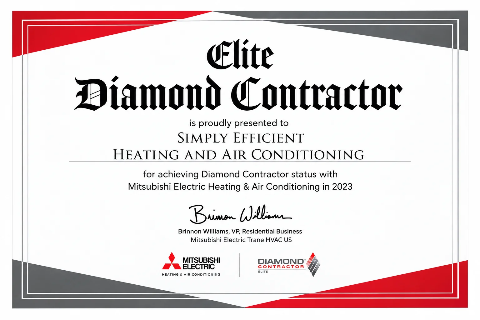 Elite Diamond Contractor certificate presented to Simply Efficient Heating and Air Conditioning by Mitsubishi Electric in 2023.