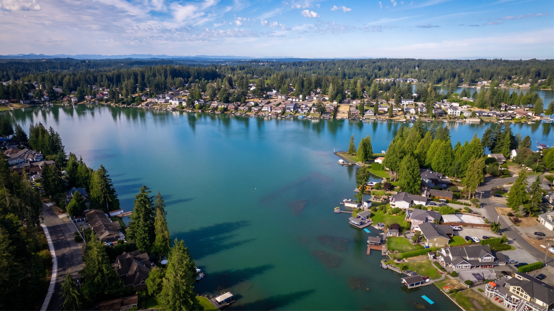 Aerial view of the lake and lakeside homes in Bonney Lake, a community where Mayster delivers HVAC services in Bonney Lake WA to plateau homeowners