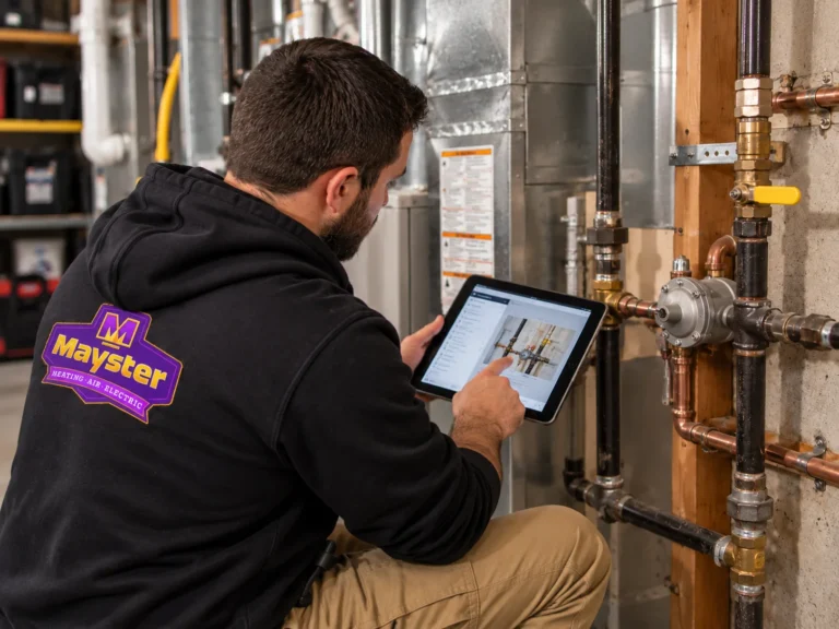 Technician uses a tablet to inspect HVAC equipment during Gas Pipe Installation Greater Puget Sound.