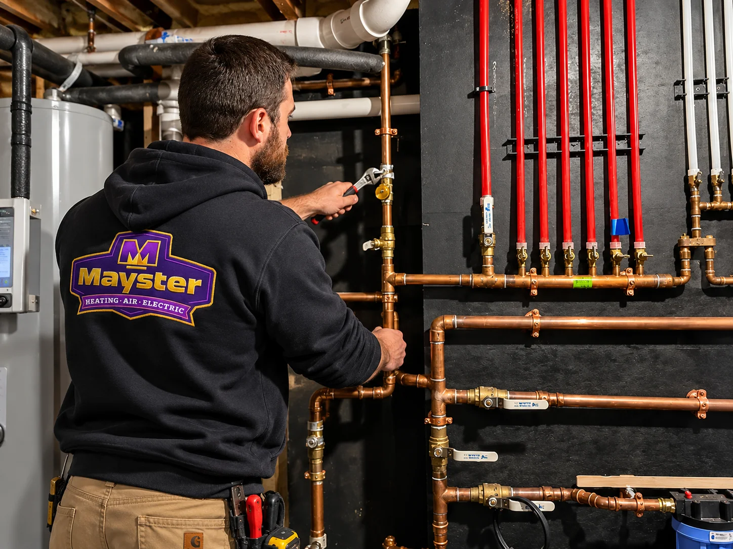 Technician uses a wrench on copper pipes during Gas Pipe Installation Greater Puget Sound.