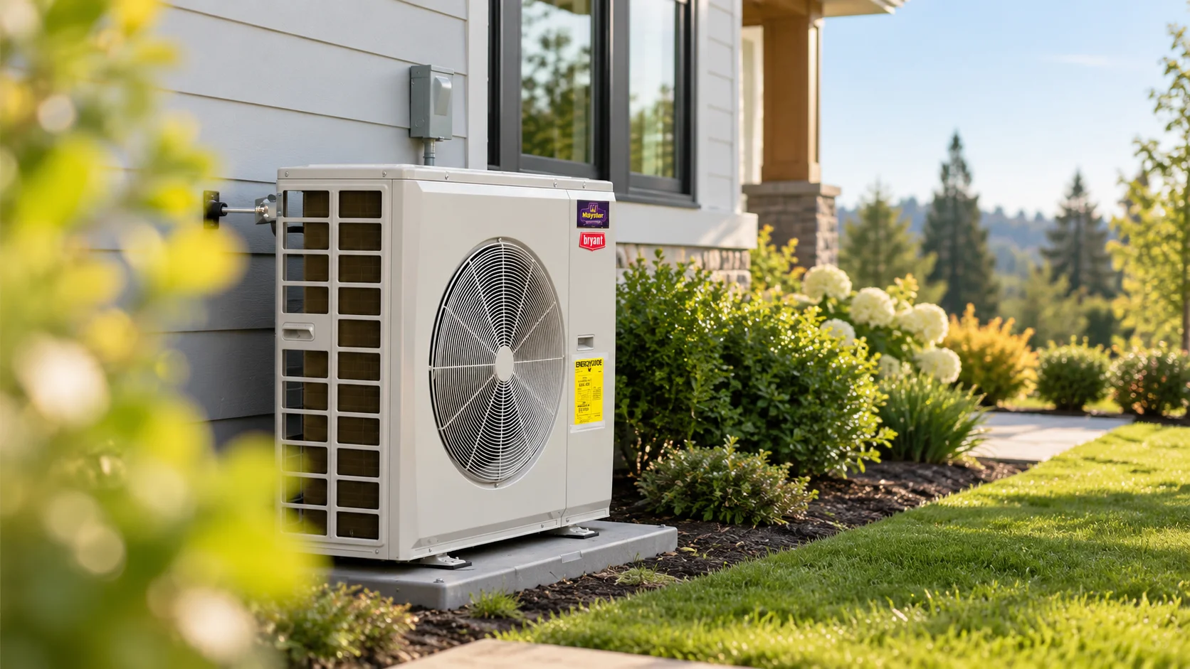 Heat pump unit standing on a concrete pad by a modern house with HVAC services Puget Sound.