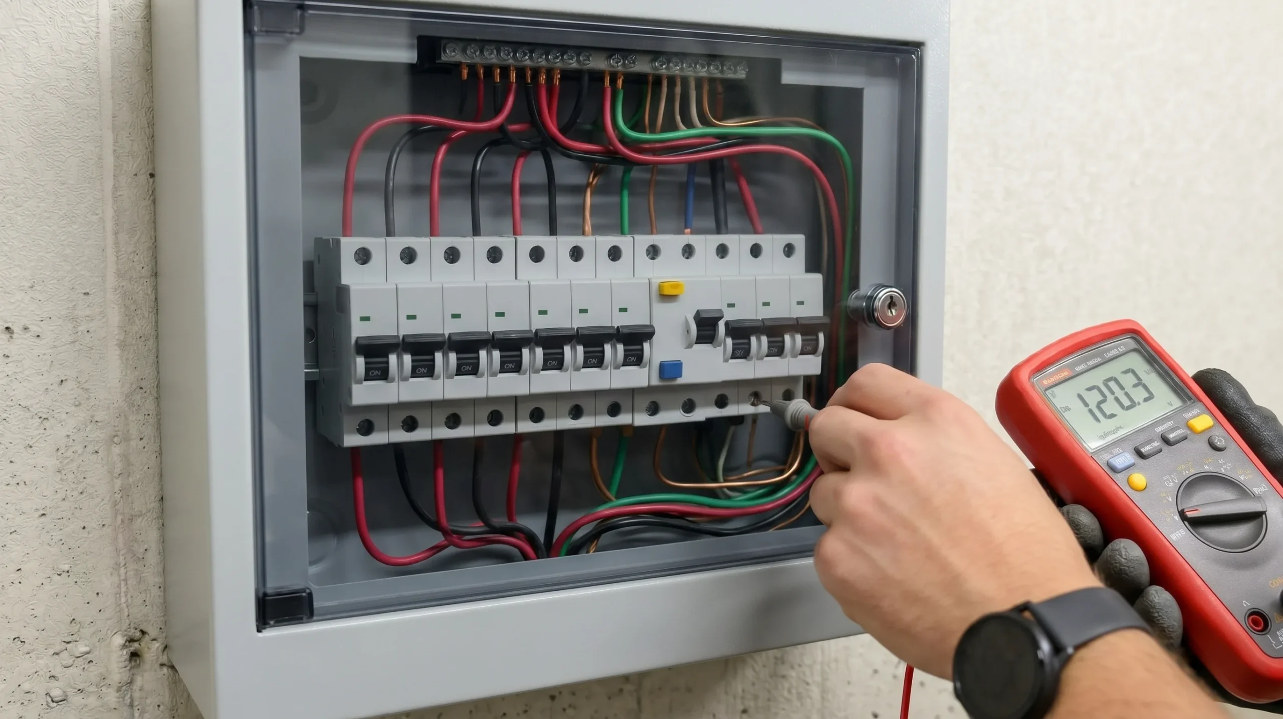 A technician uses a multimeter probe near circuit breakers for Electrical Diagnostics Greater Puget Sound.