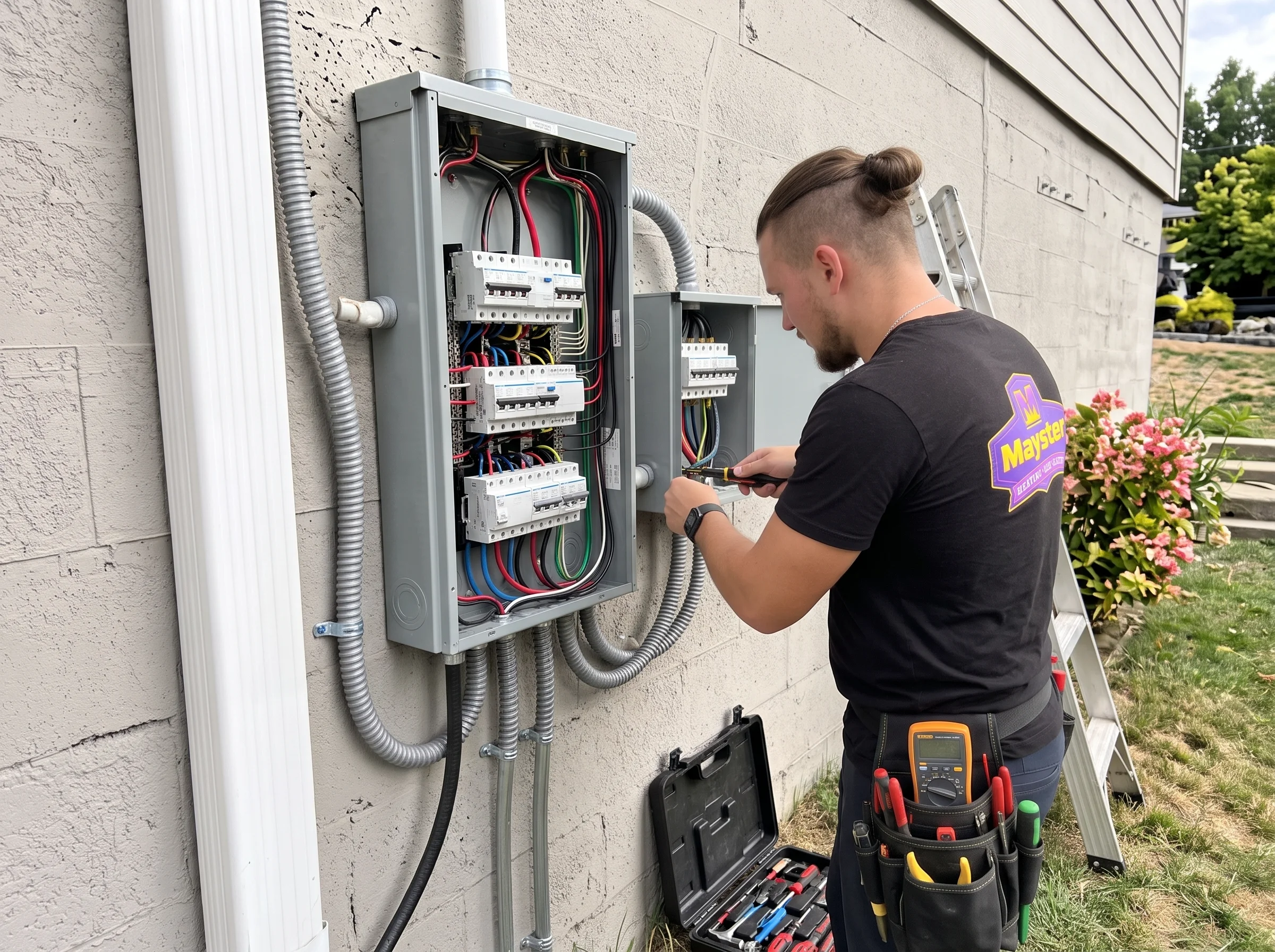 An electrician wires an outdoor sub-panel box during a Sub-panel Installation Greater Puget Sound.