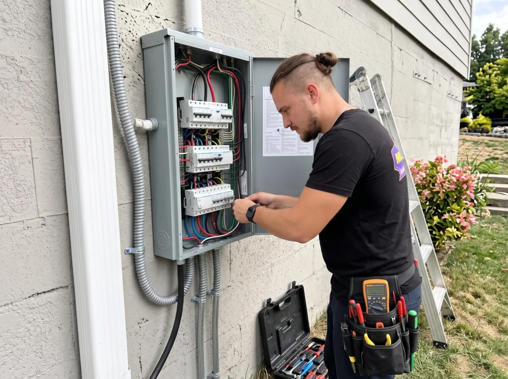An electrician wearing a tool belt works on an outdoor electrical breaker box during a Sub-panel Installation Greater Puget Sound.