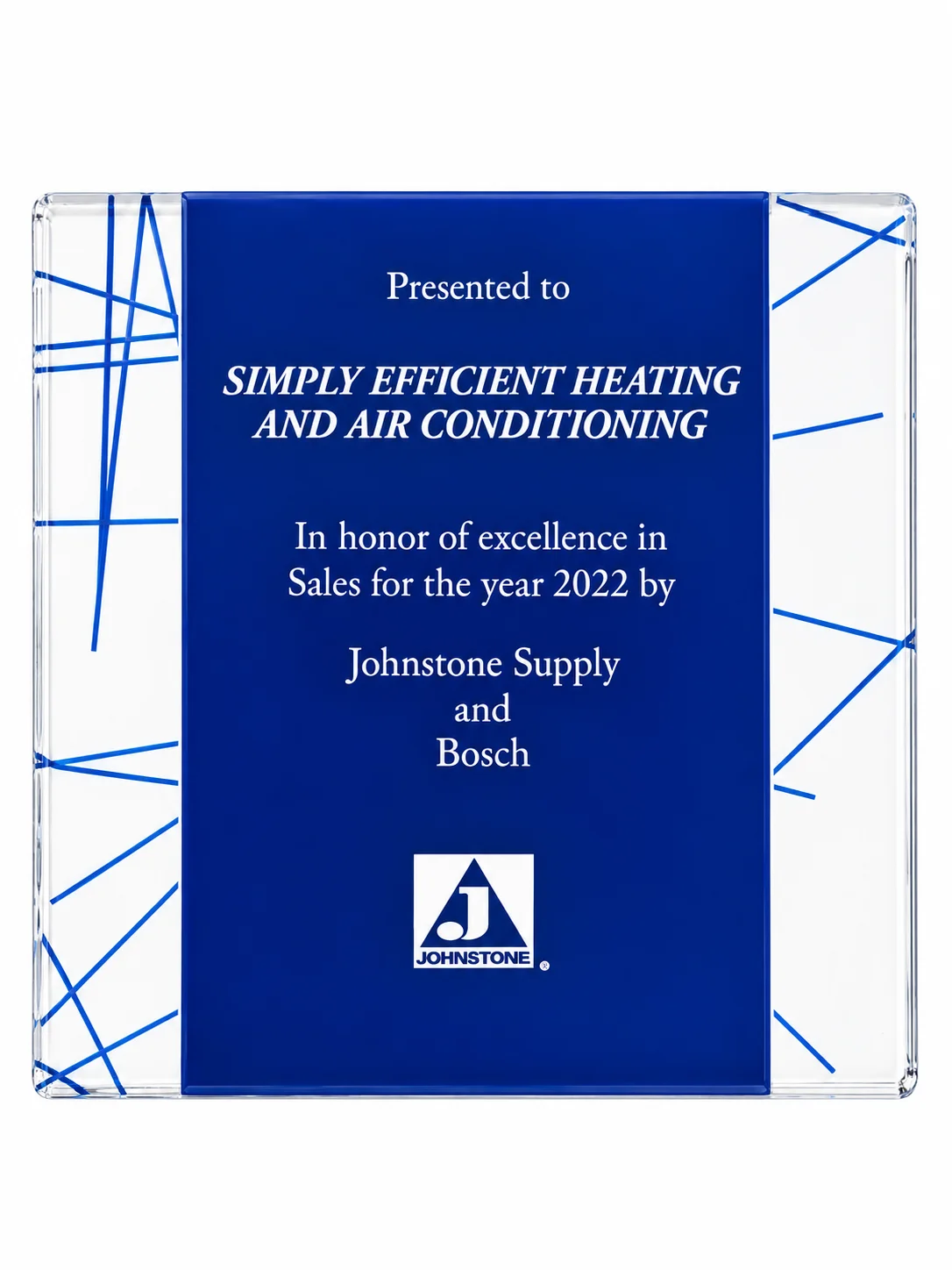 A square blue and clear glass award presented to Simply Efficient Heating and Air Conditioning for 2022 Sales Excellence