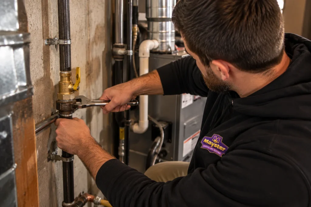 Technician tightens a pipe valve with a wrench during Gas Pipe Installation Greater Puget Sound.