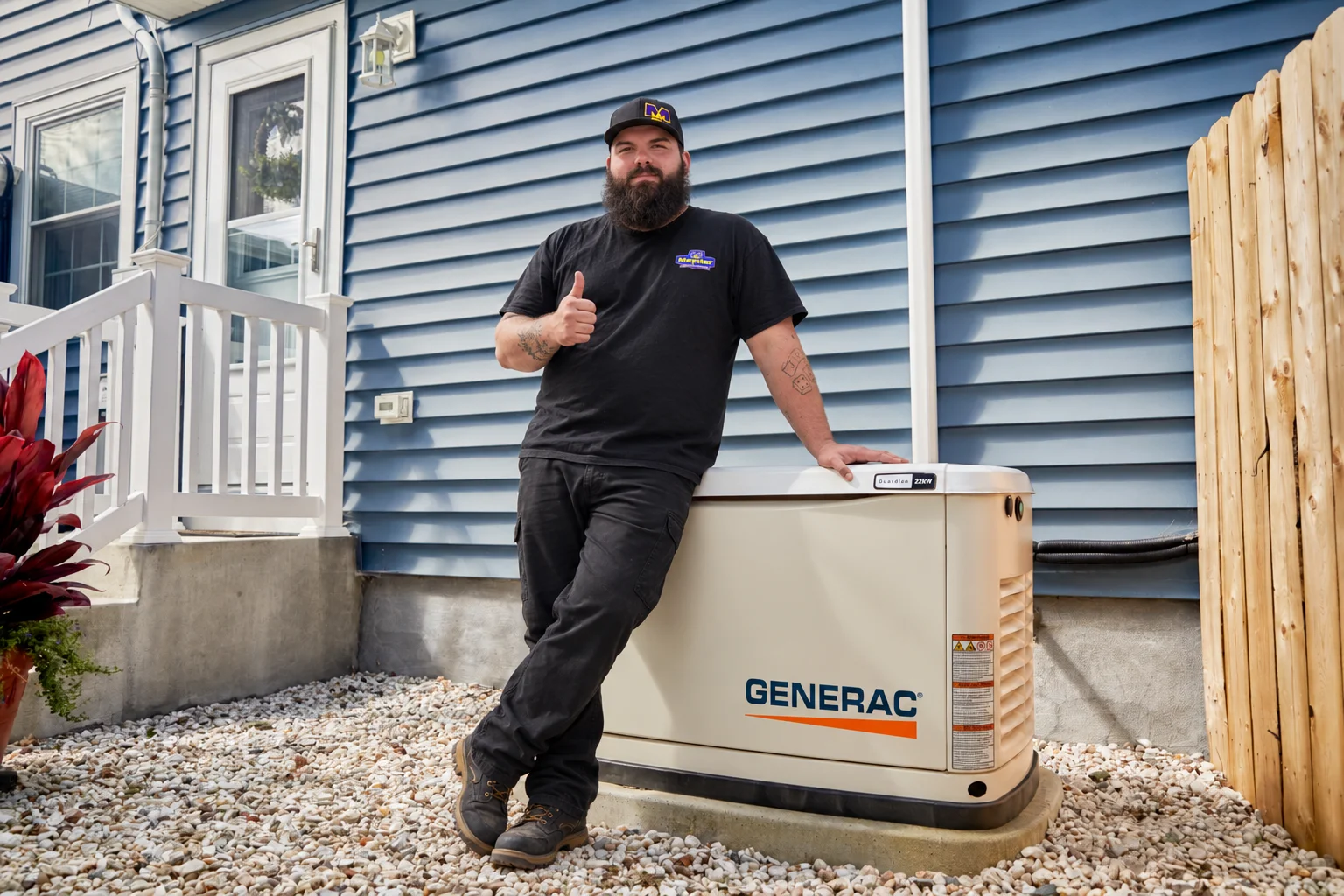Technician showing thumbs up next to home standby equipment for Whole-House Generator Services Greater Puget Sound.