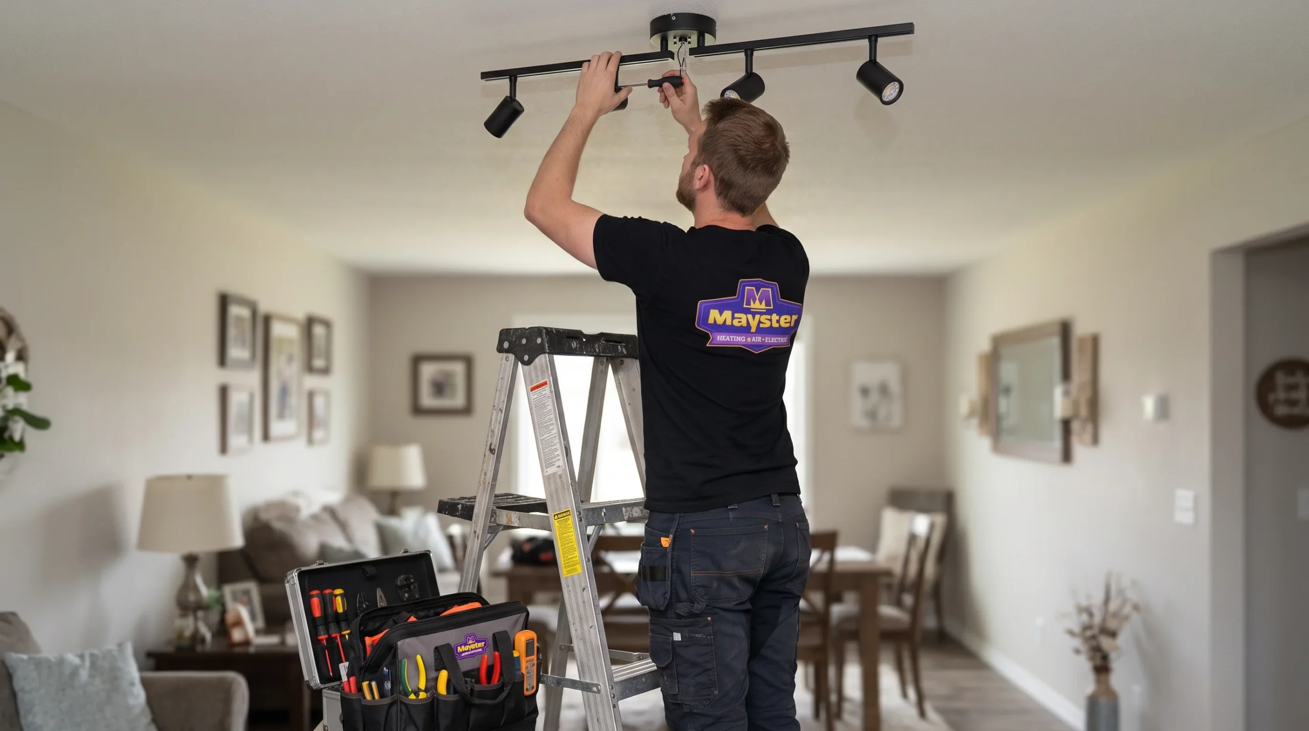 An electrician standing on a step ladder installs a ceiling track light fixture during Electrical Replacements & Upgrades Greater Puget Sound.