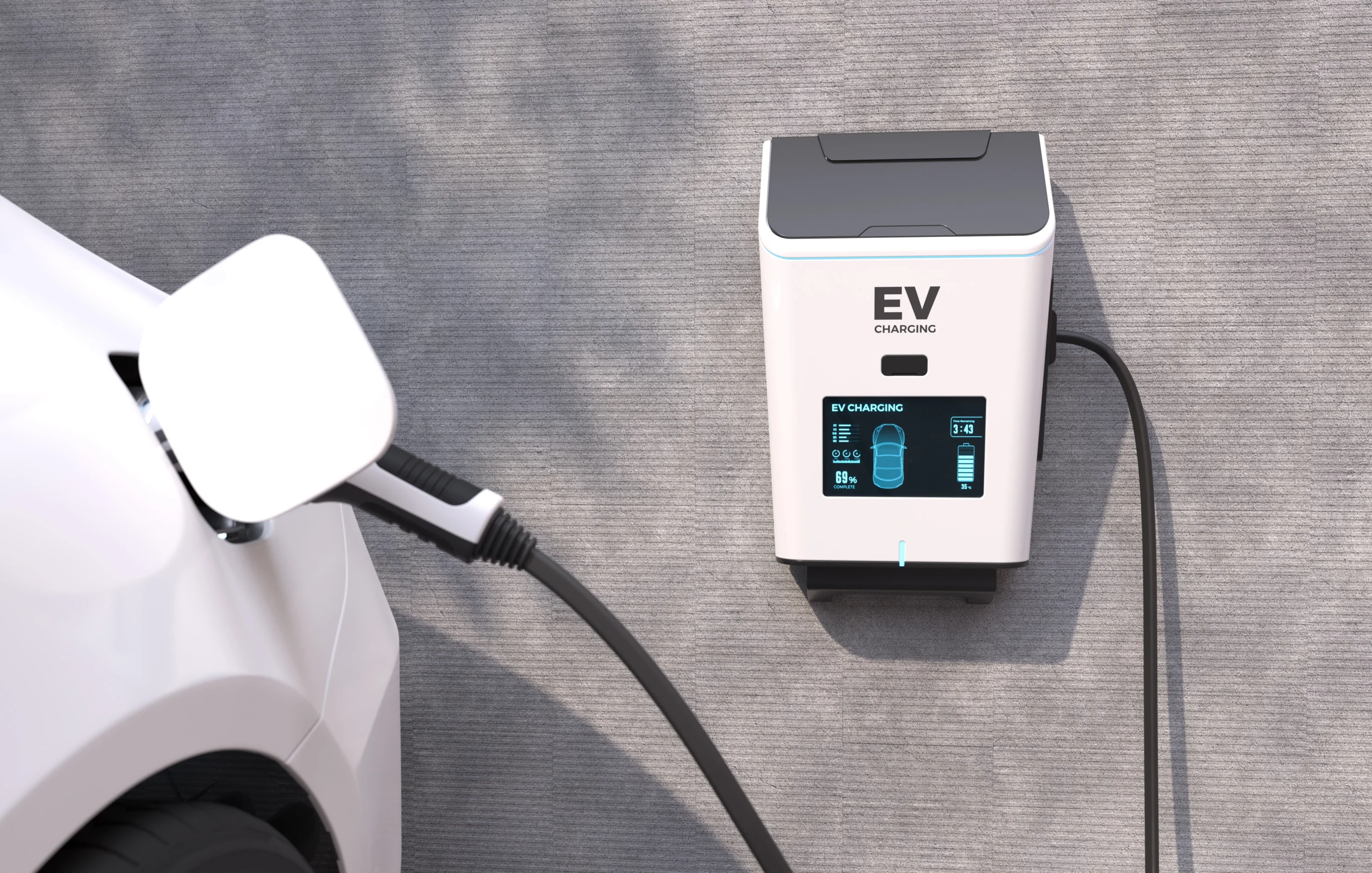 A wall-mounted electric vehicle charging station displaying battery status next to a plugged-in car during an EV Charger Installation Greater Puget Sound.